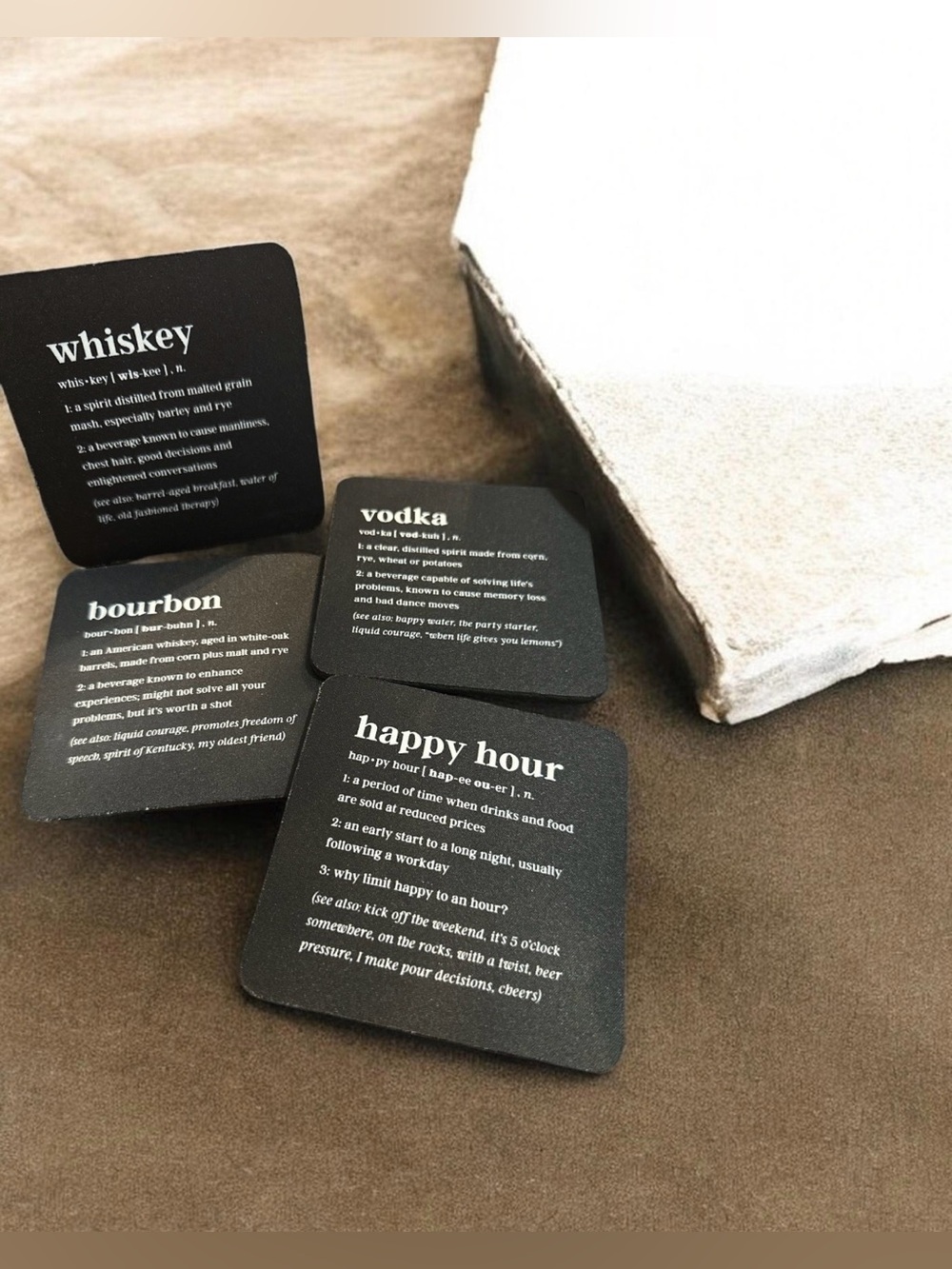 Black Cocktail Coasters Set - 'Happy Hour' Text
1218